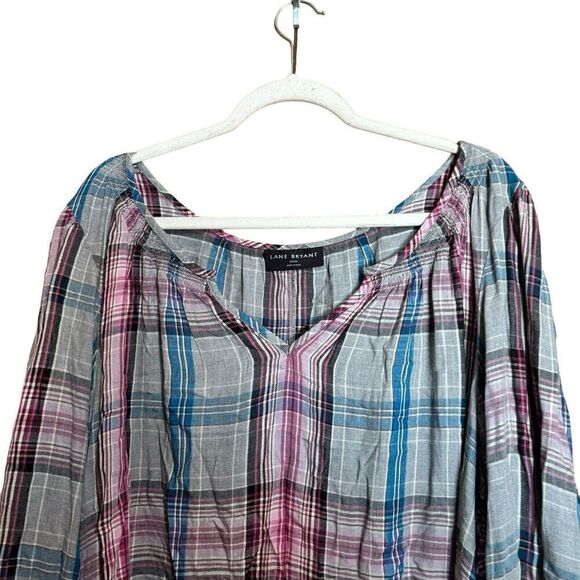 Lane Bryant Top Womens 30 32 Multicolor Plaid Split Neck Popover LS Blouse - Picture 2 of 9